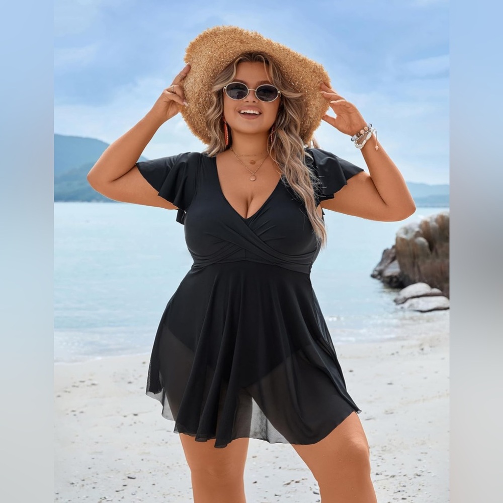 Blooming Jelly Plus Size Bathing Dress Tummy Control Ruffle V Neck Swimwear